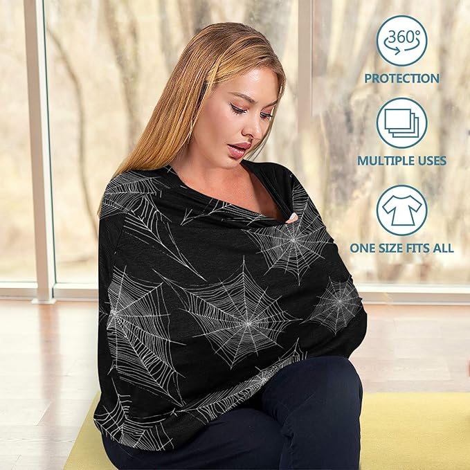 Halloween Cobweb Pattern Spider Web Black and White Design Stretchy Baby Car Seat Cover Infant Canopy Nursing Covers Breastfeeding Cover Breathable Windproof Winter Scarf for Boys Girls