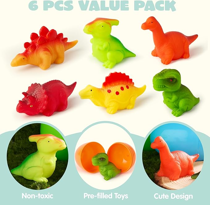 JOYIN 6 Pcs Prefilled Easter Eggs with Floating Dinosaur Light-up Bath Toys, Luminous Bathtub Toys for Kids Easter Eggs Hunt, Toddler Party Favor, Basket Stuffers Filler（Age 3+）