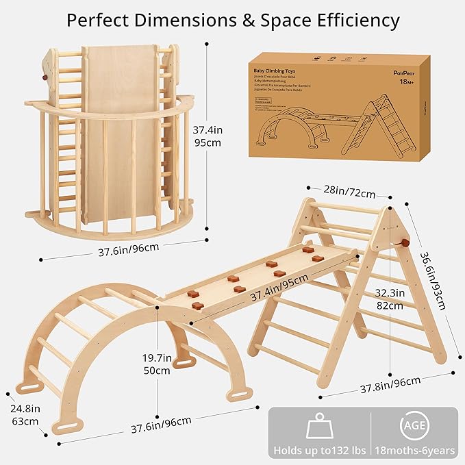 PairPear Foldable Pikler Triangle Climbing Set for Kids, 7 in 1 Montessori Large Wooden Climbing Toys Indoor Jungle Gym with Rocker Arch, Ramp & Slide for Toddlers 18 Months+