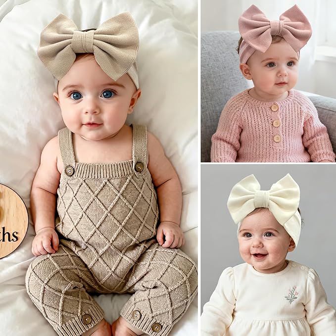 JOYOYO 3 Pcs Soft Wide-Knit Baby Headbands with Large Bow Hair Accessories for Newborn, Infant, Toddler, Kids（Beige Khaki Pink）