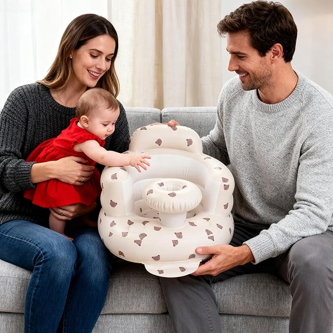 Arscniek Inflatable Baby Seat Built in Air Pump, Blow Up Baby Chair with Back Support and Tray, Sit Me Up Floor Seat for Babies 3-36 Months, Portable Infant Chairs for Indoor and Outdoor - Bear Head