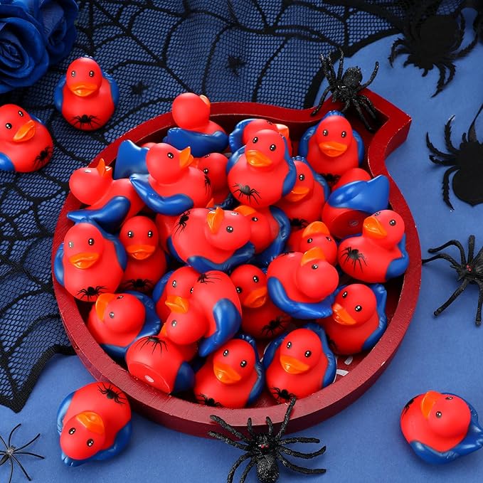 Leyndo 24 Pcs Spider Rubber Duck Bulk Spider Birthday Party Decoration Favors Squeaky Red Blue Duck for Bathtub Floating Pool Gifts Party Supplies
