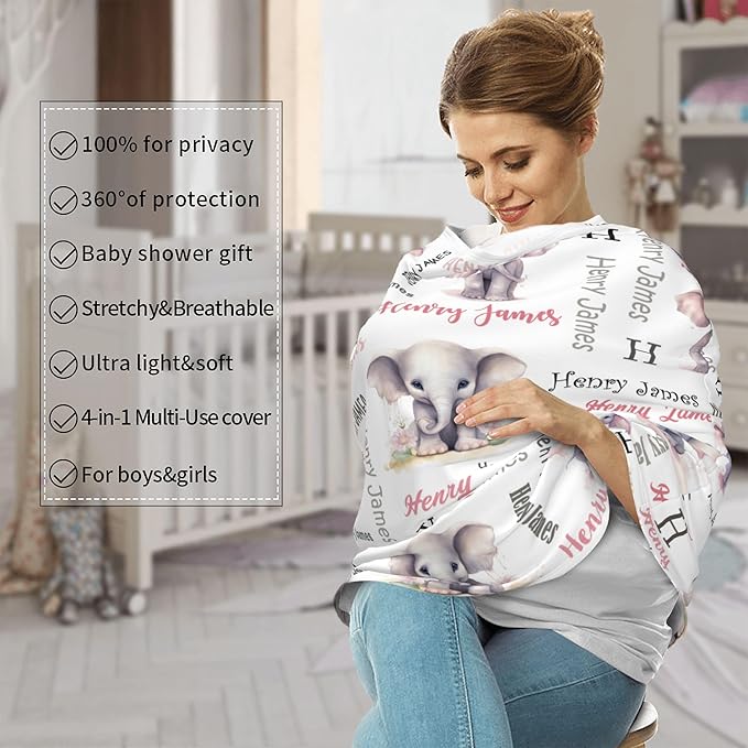 Personalized Baby Car Seat Covers for Babies, Custom Elephant Nursing Breastfeeding Carseat Canopy with Name, Infant Stroller Covers for Newborn Girls Boys, Breathable Carseat Cover