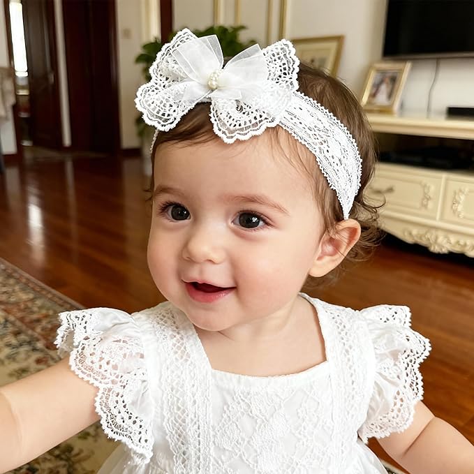 Baby Girls Headband White Bow Lace Headbands Soft Elastic Bowknot Hairbands Cute Hair Accessory for Newborn Kids Infant Toddler Baptism Birthday Party (Lace Flowers)