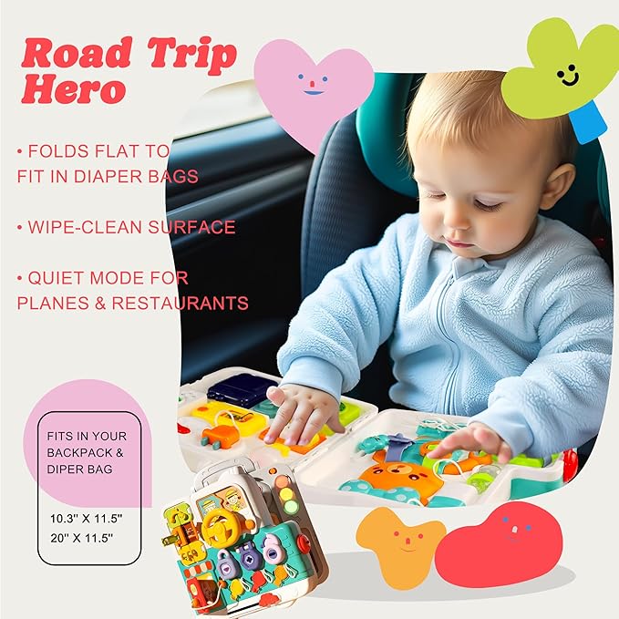 Montessori Busy Board for Toddlers 1-3, Baby Educational Activity Board with Lights & Music, Sensory Toys for Fine Motor Skills, Travel Toys for Airplane Cars, Gift for Boys Girls