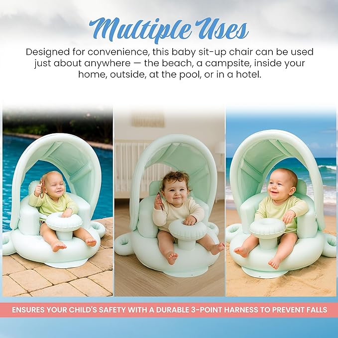Blow Up Inflatable Baby Seat for 3-36 Months w/Built-in Pump & Detachable Canopy, Sit Me Up Floor Seat for Baby w/Safety Straps, Inflatable Infant Chair (Canopy + Cup Holders) is Ideal Summer Gift