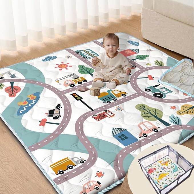Baby Play Mats for Floor, 50X50 Playpen Mat, Car Playmat Non-Slip Cushioned Crawling Mat Thick Soft Playmats for Babies Toddlers Infants Activity & Tummy Time, Machine Washable (Car,50x50)