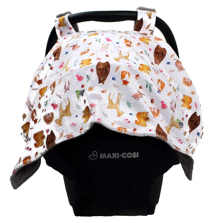 Dear Baby Gear - Baby Car Seat Canopy - Infant Car Seats Covers - Carseat Canopies for Boys & Girls - Toddler Carseat Cover w/Snap Opening (Dainty Forest Animals Nuts and Berries, Light Gray 40"x30")