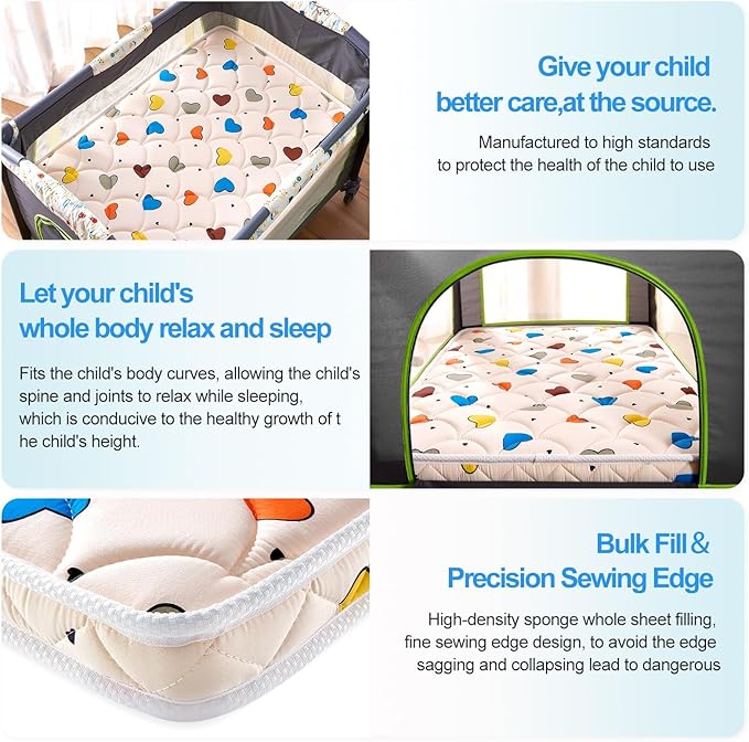 Pack and Play Mattress (38 "x26 "x1.5"),Skin Friendly Fabric, Soft, Breathable and Quiet, Provides Baby Friendly Support and Helps Healthy Spine Development,Pack and Play Topper,Cute Heart Pattern