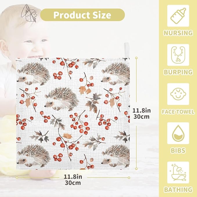 vvfelixl Forest Hedgehog Baby Burp Cloths Baby Muslin Washcloths for Boys Girls Cotton Babys Face Towel for Newborn Infants Soft and Absorbent 11.8 X 11.8 in, 5 Pack
