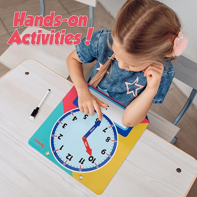 Magnetic Writable Dry Erase Learning Clock | Clock for Kids Learning to Tell Time | Large 12" Demonstration Teaching Time Practice Clock with Dry Erase Writing Surface | Pen Included | (Rainbow)