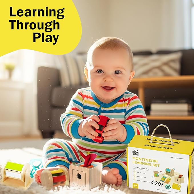 Montessori Toys for Babies 0-6 Months - 6-in-1 Educational Sensory Development Kit with Rolling Bell, Magic Tissue Box, Spinning Drum & More