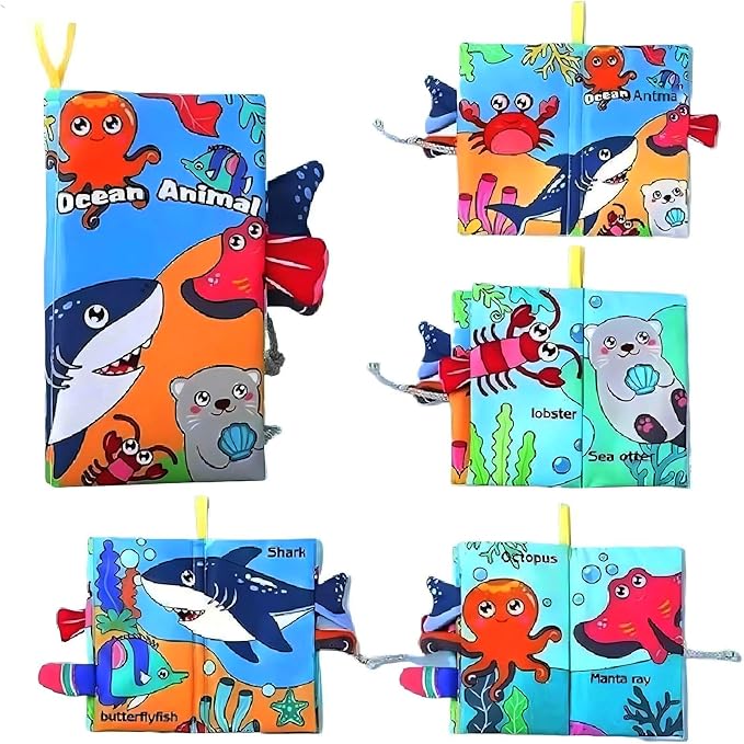 Baby Cloth Book Toys with Tails, Stroller Soft Toys for Infant Baby 0-18 Months (Marine Animals)