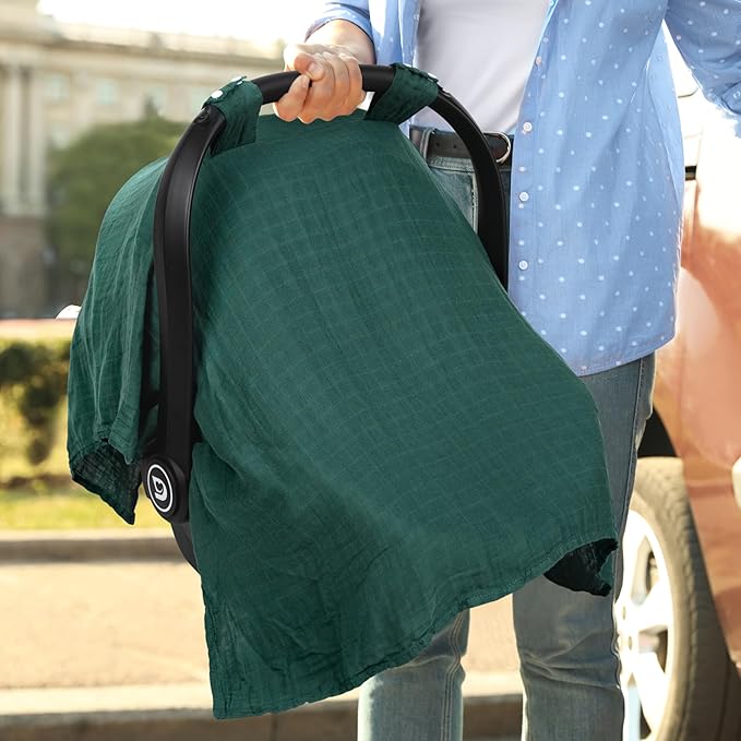 Meracorallo Muslin Baby Car Seat Cover, Lightweight Breathable Soft Infant Carrier Cover Carseat Canopy for Baby Boys and Girls, Green