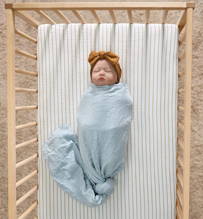 Meracorallo Muslin Mini Crib Sheet, Pack n Play Fitted Sheet, Soft and Breathable Pack and Play Playard Mattress Sheet for Baby Boys and Girls (Neutral Stripe)