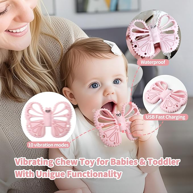 Vibrating Teether for Baby - Chewy Sensory Toy for Teething & Autism, 10-Speed Vibration Modes, USB Rechargeable, Food Grade Silicone Teether for Sensory Seekers(Pink)