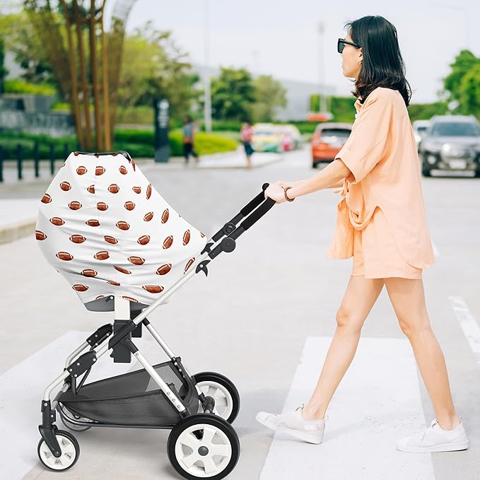Sweet Jojo Designs Brown White Football Boy Infant Baby Car Seat Cover Nursing Breastfeeding High Chair Shopping Cart Stroller Carseat Canopy Carrier Multipurpose Use for Sports Themed Collection
