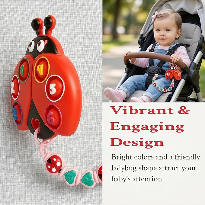 BIGSPINACH Teething Toy & Pacifier Clip Set,Ladybug Pop-It Teether & Pacifier Hold,Multi-Textured Chew Toy with Number Buttons for Early Learning, Baby Teething Relief (Red+Pink)