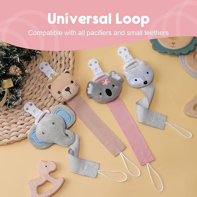 TYRY.HU Pacifier Clip for Baby Girls, 2 Pack Neutral Pacifier Holder Clip for Boys, Soft Webbing Soothie Stuffed Animal Binky Clips Fit All Pacifiers, Cute Baby Birthday Christmas Gift (Koala, Fox)