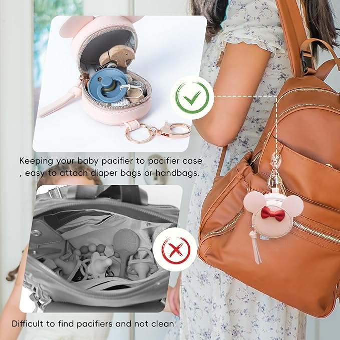 Miss Fong Pacifier Case with Clip, Holder Pouch Cover, Charm Pod with Clasp, Holds 2 Pacifiers or Nipple Shields (Bow Pink)