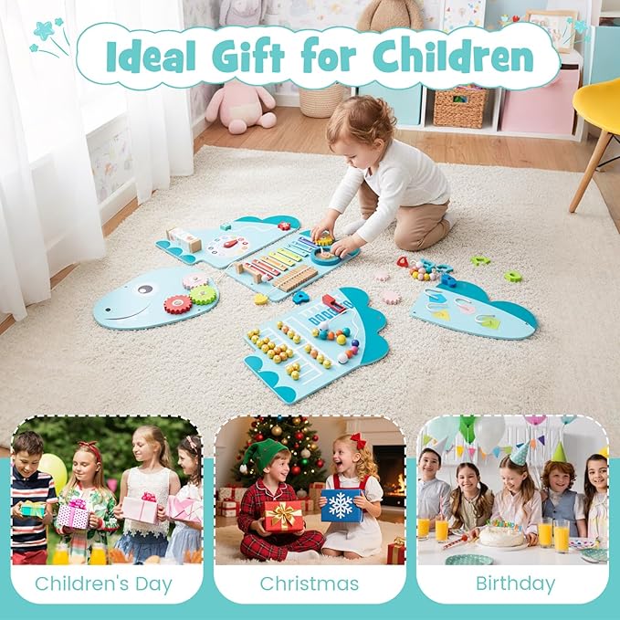 Olakids Dinosaur Sensory Wall, 11 in 1 Wooden Montessori Busy Board Panel, Toddler Wall Mounted Activity Center, Educational Toys Learning Gift for Boys Girls (Blue Dinosaur)