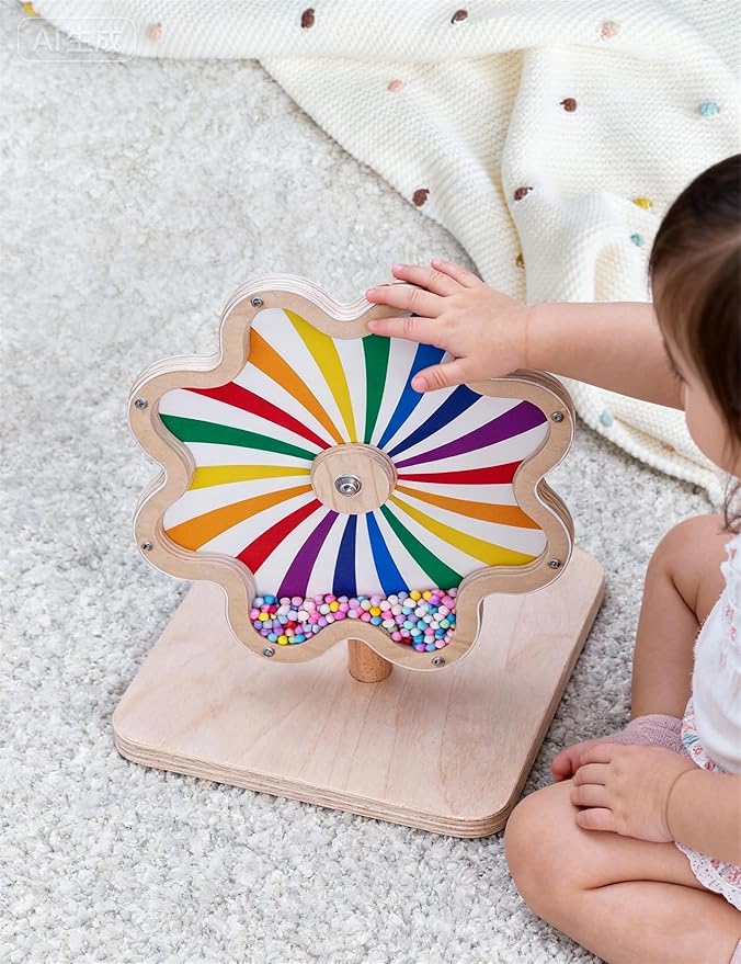 Spinning Activity Drum Toy with Sound, Montessori Wooden Sensory Toy for Babies, Perfect Birthday & Party Gift for 6-18 Months+