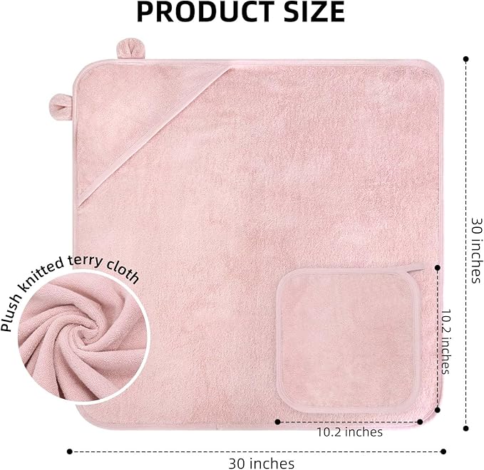 LifeTree 1 Pack Baby Hooded Towel with 1 Pack Washcloth for Newborn, 100% Cotton Bath Towel for Babies, Infant, Toddler and Kids, Thick,Soft and Absorbent, 30 * 30 Inches, Newborn Essentials, Pink