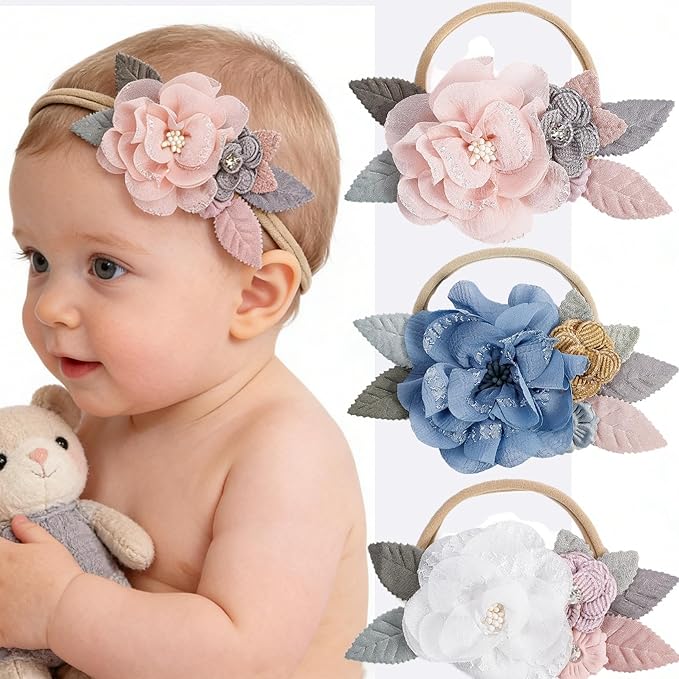 3PCS Baby Girl Flower Headbands Set Elastic Bow Hair Band Handmade Bow For Newborn Infant Toddler Pack