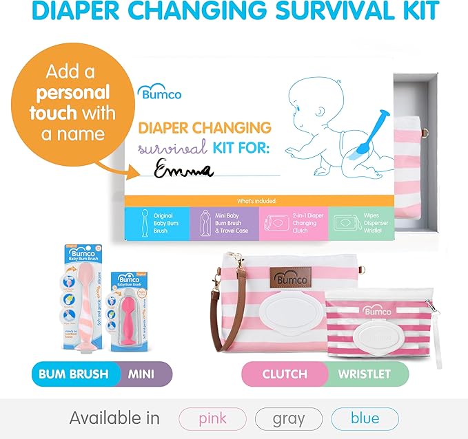 Bumco Baby Essentials Set - Personalized Diaper-Changing Baby Shower Gifts for Girls, Baby Gift Set with 2 Baby Bum Brushes (Original & Mini) + Diaper Clutch Bag + Wipes Wristlet, Newborn Gift Set
