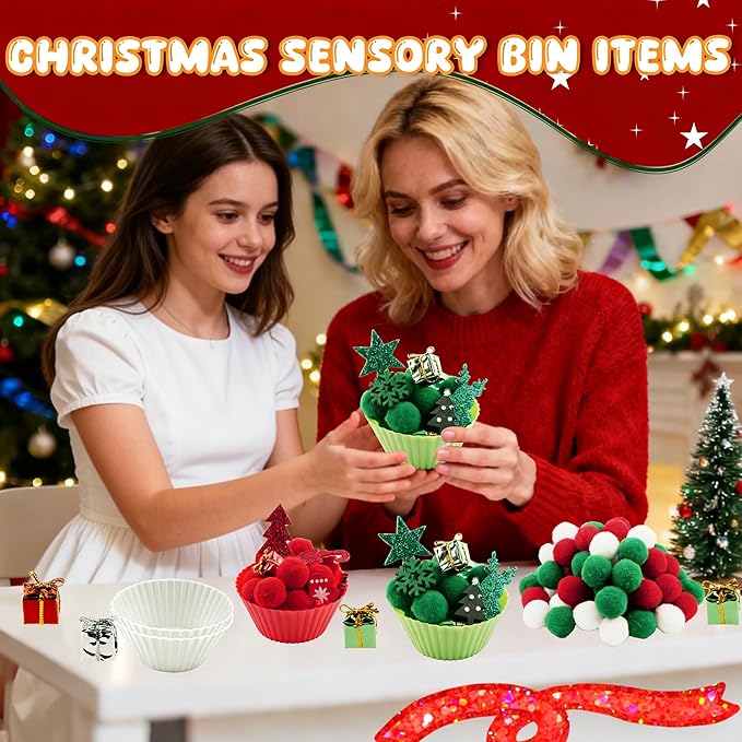 Bbiamsleep 297 Pcs Christmas Sensory Bin Filler Christmas Sensory Bin Items Fine Motor Skill Counting Sorting Xmas Decoration for Xmas Sorting Counting Training