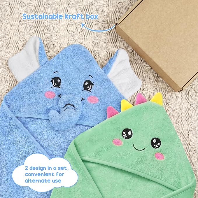 2 Pack Hooded Baby Towels Soft Absorbent Coral Fleece Baby Bath Towels with Animal Hood 32x32 Inch Toddler Bath Towel for 0-3 Years Newborn Baby Shower (Blue Elephant & Green Dinosaur)