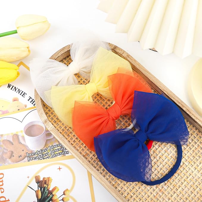 4 Pcs 4.5’’ Organza Lace Bow for Baby Girls Orange Headbands Blue Mesh Hair Bows Baby Shower Gifts for Newborn Infant Toddler Girl
