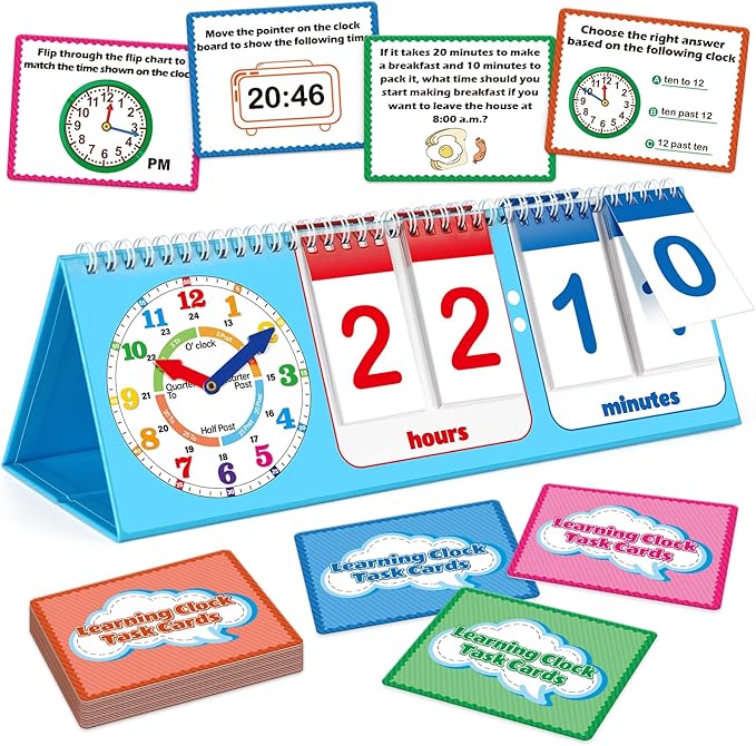 Torlam Learning Clock Flip Chart Colorful Analog & Digital Telling Time Teaching Clock for Kids, Math Manipulatives 1st 2nd Grade Homeschool Supplies Kindergarten Preschool Learning Activities Games