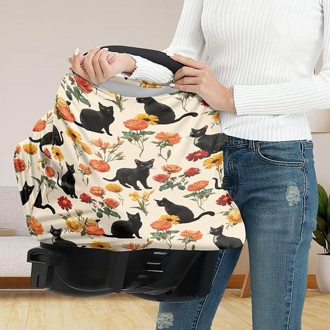 AFPANQZ Black Cat Floral Soft Baby Car Seat Canopy Nursing Cover Breastfeeding Scarf Shopping Cart Covers Stroller Sunshade High Chair Cover Car Seat Covers for Girls and Boys Breathable