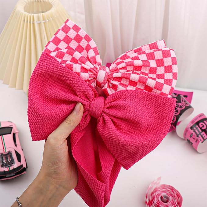 YanJie 2PCS 7’’ Hot Pink Bows for Baby Girls Checkered Headband Pink Bow Infants Toddler Hair Accessories Newborn Headbands Hair Bow Baby Clothes