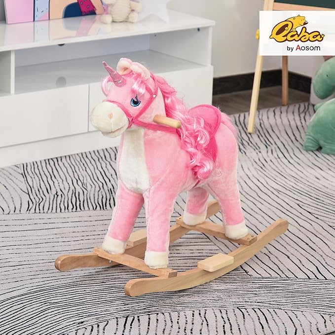 Qaba Rocking Horse, Kids Ride on Horse Unicorn Design with Wooden Base, Tail Wag & Sounds for Toddlers 3-6 Years Old, Pink