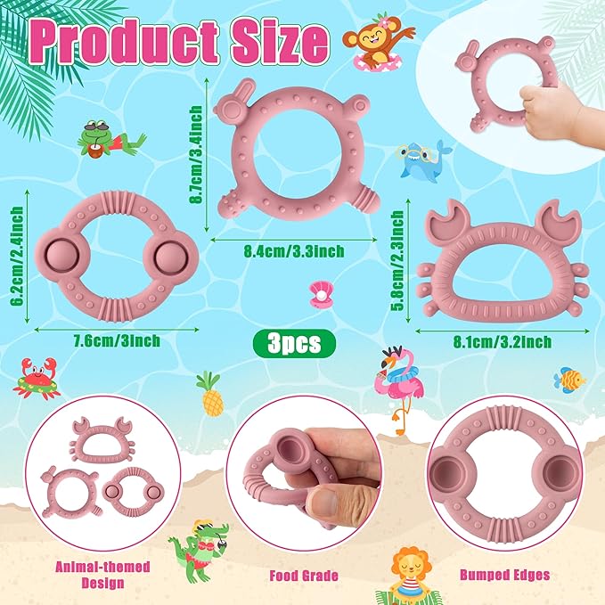 Easter Silicone Teether for Babies - 2ooya 3Pcs Pink Bunny Summer Ocean Animal Infant Teething Chew Toys, Toddler Easy to Grasp Sore Gums Pain Relief Toy for Newborn Boy Girl Baby Shower Easter Gift