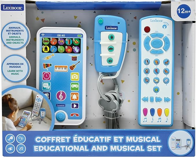 LEXiBOOK, Educational and Musical Set with Telephone, Remote Control and Key Ring, Imitation Game for Toddlers, Explore Animals, Musical Instruments and Everyday Objects, PS125