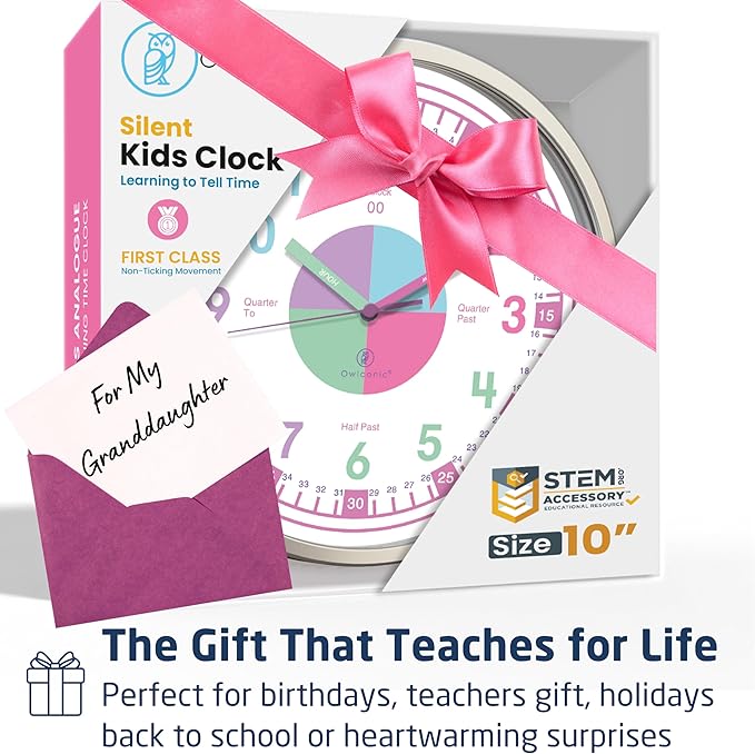OWLCONIC Clock for Kids – Educational Analog Learning Wall Clock, Non Ticking Teaching Clock for Classroom & Homeschool, Silent Kids Bedroom Décor Pastel Pink