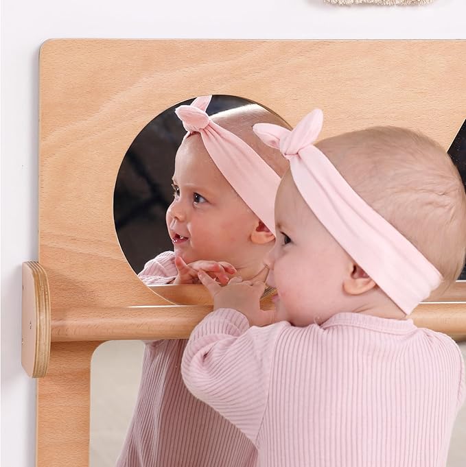 Baby Early Learning Shatter-Resistant Safety Mirrors w/Pull Up Bar, Infants Exploration Set, Toddlers Montessori Classroom Furniture for Daycare, Preschool and Nursery (Natural, Standard)