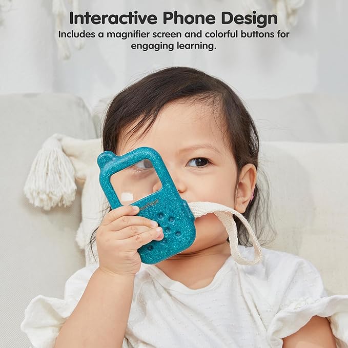 PlanToys® Wooden My First Phone Toy for Toddlers | Montessori Baby Sensory Toy with Magnifier Screen & Buttons | Pretend Play Cell Phone for Learning & Development