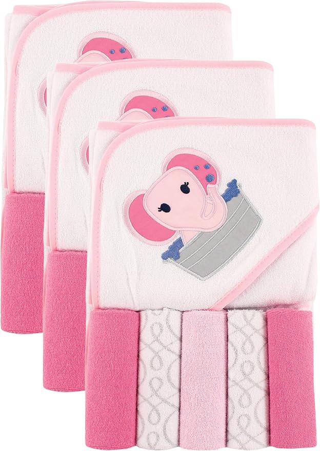 Luvable Friends Unisex Baby Hooded Towel with Five Washcloths, Pink Elephant, One Size (Pack of 3)