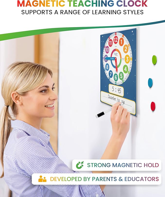 3 Pack Dry Erase Learning Clocks - Award-Winning Large Magnetic Clock & 2 Student Practice Clocks - Analog & Digital Classroom Teaching Tools - Includes E-Book to Help Kids Tell Time Easily