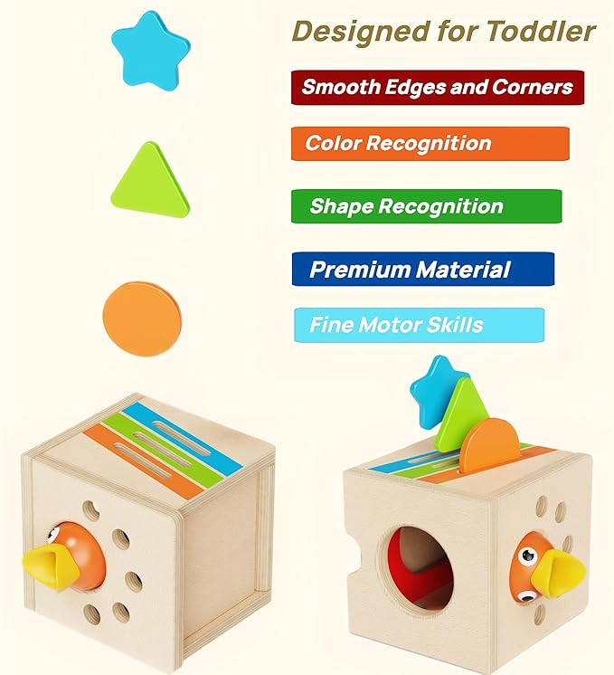 5 in 1 Montessori Toys for 2 3 Year Old Boys and Girls, Wooden Learning Toys with Object Permanence, Bird Feeding Game, Fine Motor Skills, Problem Sloving