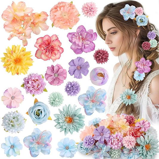 Leery 20 PCS Boho Flower Hair Clips for Women - Rose Hair Barrettes, Wedding Hairpins, Bridal Headpiece, Hawaiian Silk Floral Clips (Sky Blue‌)