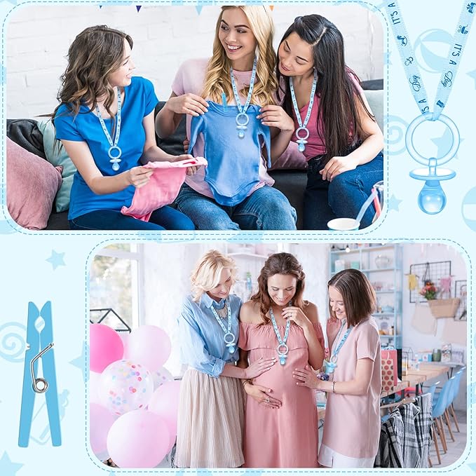 Coume 48 Sets Baby Shower Pacifiers Necklace with Mini Clothes Pins Acrylic Pacifier Bulk Newborn Party Favors for Women Men Baby Shower Decorations Gender Reveal Party Supplies(Blue)