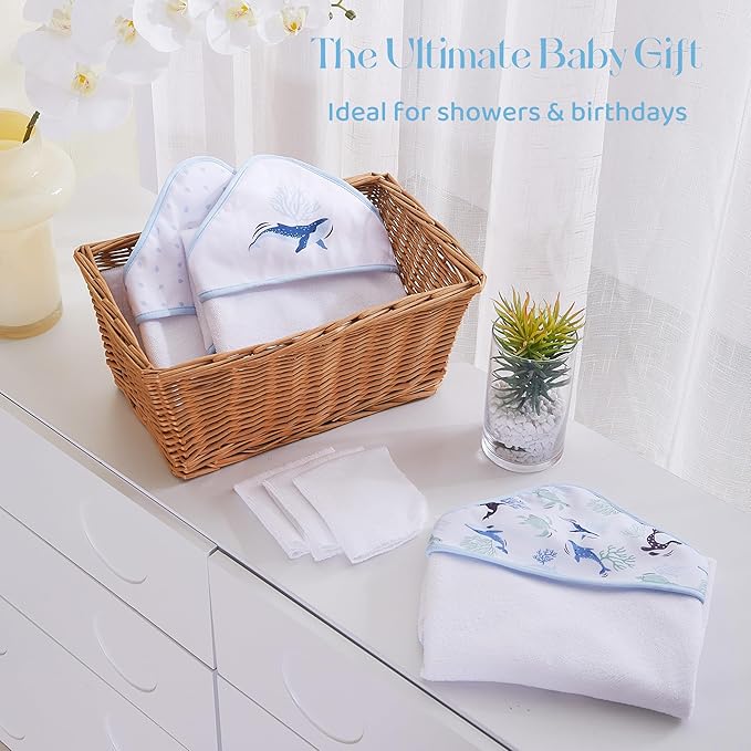 Mooreeke Baby Towel with Hood for Boys Blue Ocean Bath Towel for Babies Ultra Soft Absorbent 3 PCS Baby Towels and 3 PCS Washcloths for Newborn Essentials