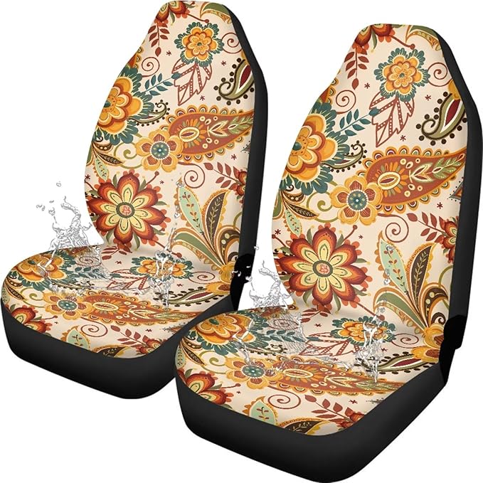 Boho Floral Car Seat Covers 2 Pcs Stretch Polyester Fabric Cover Waterproof Car Seat Cover Easy Installation Universal Size Fit for Most Cars SUVs Trucks Vans