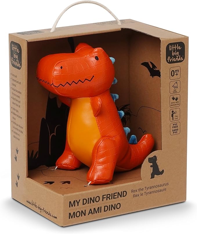 Little Big Friends Dino Friends | Stimulate the Senses with Colors, Textures & a Tinkling Bell | Vegan Leather | Easy to Clean | Rex the Tyrannosaurus