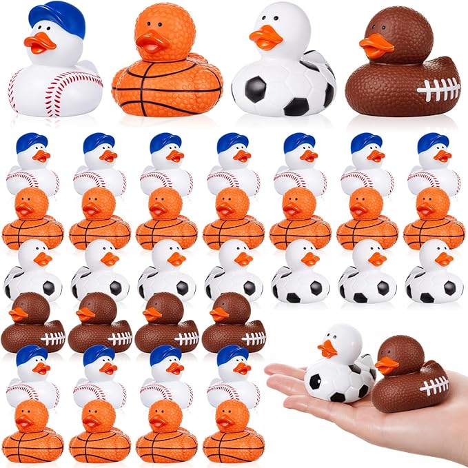 Deekin 24 Pcs Rubber Ducks 2 Inch Bulk Sport Party Favors for Team Events Decorations Birthday Party Supplies Club Player Gift (Basketball,Football,Soccer,Baseball)